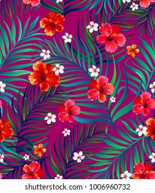 Seamless hand drawn exotic vector pattern with green palm leaves and hibiscus flowe