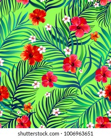	
Seamless hand drawn exotic vector pattern with green palm leaves and hibiscus flower. Template for print design.