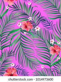 Seamless hand drawn exotic vector pattern with green palm leaves and hibiscus flower.