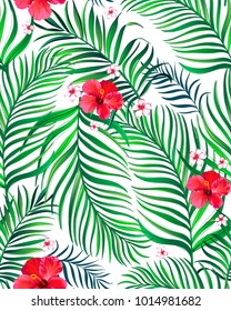 Seamless hand drawn exotic vector pattern with green palm leaves and hibiscus flower.