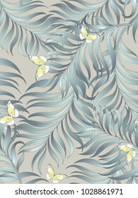 Seamless hand drawn exotic vector pattern with green palm leaves, butterflyes and hibiscus flower.