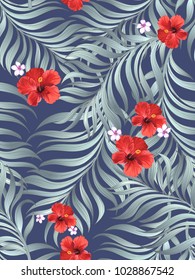 Seamless hand drawn exotic vector pattern with green palm leaves and hibiscus flower.