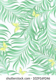 Seamless hand drawn exotic vector pattern with green palm leaves and butterflyes.