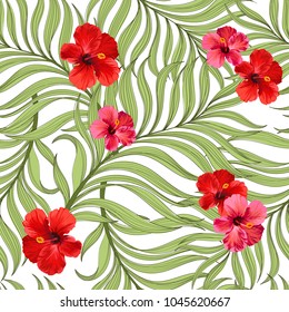 	
Seamless hand drawn exotic vector pattern with green palm leaves and hibiscus flower.