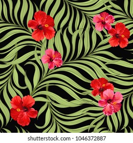 	
Seamless hand drawn exotic vector pattern with green palm leaves and hibiscus flower.