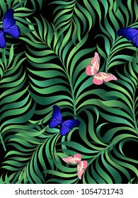 	
Seamless hand drawn exotic vector pattern with green palm leaves, butterfly.