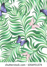 	
Seamless hand drawn exotic vector pattern with green palm leaves and butterfly.