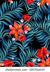	
Diseño vectorial exótico dibujado a mano con hojas de palma verdes y flor de hibisco.