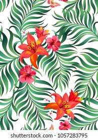 	
Seamless hand drawn exotic vector pattern with green palm leaves and hibiscus flower. Stock vector.