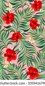 Seamless hand drawn exotic vector pattern with green palm leaves and hibiscus flower.