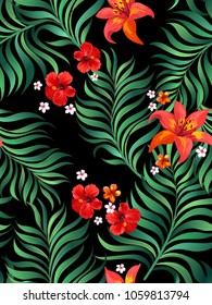 Seamless hand drawn exotic vector pattern with green palm leaves and hibiscus flower.