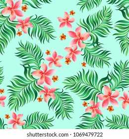 Seamless hand drawn exotic vector pattern with green palm leaves and hibiscus flower.