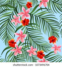 Seamless hand drawn exotic vector pattern with green palm leaves and hibiscus flower.