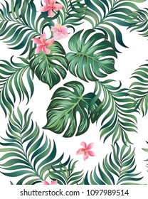 	
Seamless hand drawn exotic vector pattern with green palm leaves and hibiscus flower. Stock vector.