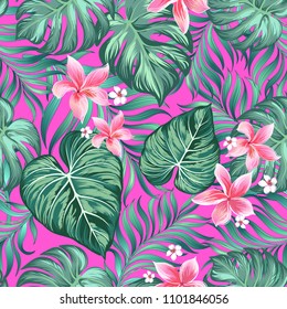 	
Seamless hand drawn exotic vector pattern with green palm leaves and hibiscus flower.