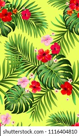 Seamless hand drawn exotic vector pattern with green palm leaves and hibiscus flower.