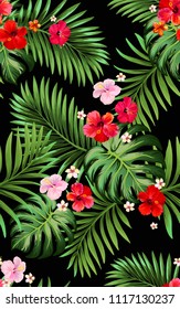 Seamless hand drawn exotic vector pattern with green palm leaves and hibiscus flower. Trendy print.