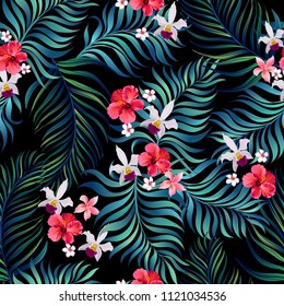 	
Seamless hand drawn exotic vector pattern with green palm leaves and hibiscus flower.