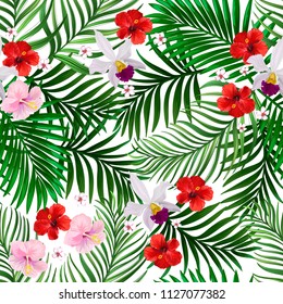 	
Seamless hand drawn exotic vector pattern with green palm leaves and hibiscus flower.