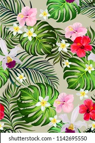 	
Seamless hand drawn exotic vector pattern with green palm leaves and hibiscus flower.