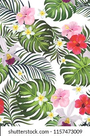 Seamless hand drawn exotic vector pattern with green palm leaves and hibiscus flower.
