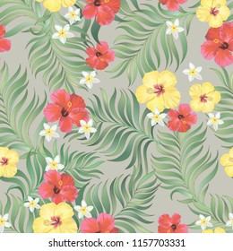 Seamless hand drawn exotic vector pattern with green palm leaves and hibiscus flower. Stock vector. Vintage background.