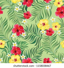 	
Seamless hand drawn exotic vector pattern with green palm leaves and hibiscus flower. Stock vector.Background for fabric, textile and print design.