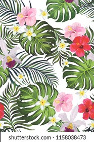 	
Seamless hand drawn exotic vector pattern with green palm leaves and hibiscus flower. Stock vector.Background for fabric, textile and print design.