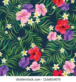 Seamless hand drawn exotic vector pattern with green palm leaves and hibiscus flower. Tropical background.