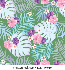 	
Seamless hand drawn exotic vector pattern with green palm leaves and hibiscus flower.