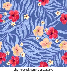 	
Seamless hand drawn exotic vector pattern with green palm leaves and hibiscus flower.