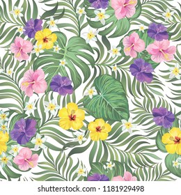 Seamless hand drawn exotic vector pattern with green palm leaves and hibiscus flower.