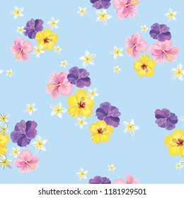 Seamless hand drawn exotic vector pattern with green palm leaves and hibiscus flower.