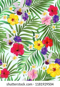 Seamless hand drawn exotic vector pattern with green palm leaves and hibiscus flower.