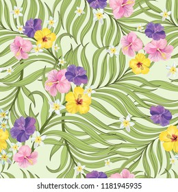 Seamless hand drawn exotic vector pattern with green palm leaves and hibiscus flower. Stock vector.