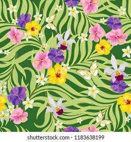 	
Seamless hand drawn exotic vector pattern with green palm leaves and hibiscus flower. Template for print design.