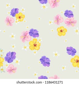 	
Seamless hand drawn exotic vector pattern with green palm leaves and hibiscus flower.