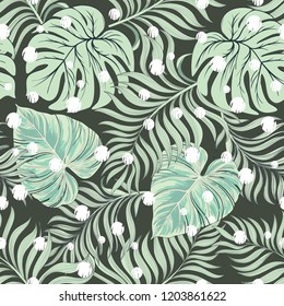 Seamless hand drawn exotic vector pattern with green palm leaves and hibiscus flower.