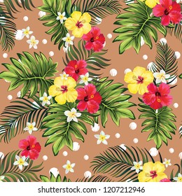 Seamless hand drawn exotic vector pattern with green palm leaves and hibiscus flower.