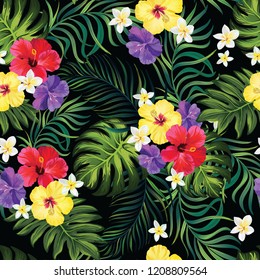 Seamless hand drawn exotic vector pattern with green palm leaves and hibiscus flower.