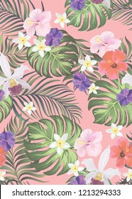 	
Seamless hand drawn exotic vector pattern with green palm leaves and hibiscus flower. Stock vector.