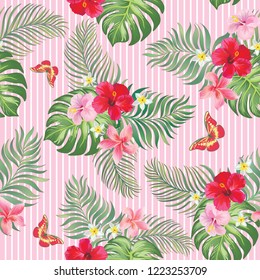 	
Seamless hand drawn exotic vector pattern with green palm leaves and hibiscus flower