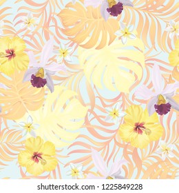 Seamless hand drawn exotic vector pattern with green palm leaves and hibiscus flower. Stock vector.