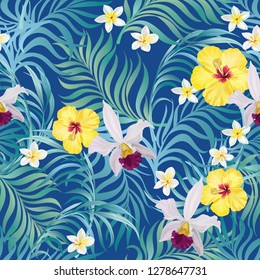 Seamless hand drawn exotic vector pattern with green palm leaves and hibiscus flower. Stock vector.