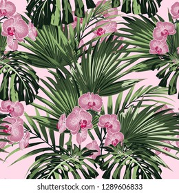 Seamless hand drawn exotic vector pattern with green palm leaves and orchid flower on pink background.