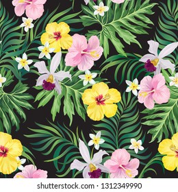 Seamless hand drawn exotic vector pattern with green palm leaves and hibiscus flower. - Vector