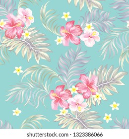	
Seamless hand drawn exotic vector pattern with green palm leaves and hibiscus flower. Stock vector.Trendy vector pattern in tropical style. 