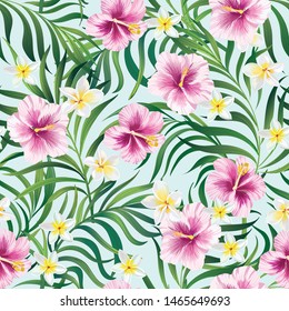 Seamless hand drawn exotic vector pattern with green palm leaves and hibiscus flower.