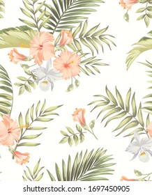 Seamless hand drawn exotic vector pattern with green palm leaves and hibiscus flower. Stock vector.