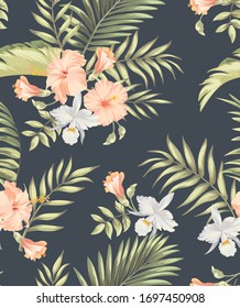 Seamless hand drawn exotic vector pattern with green palm leaves and hibiscus flower. Stock vector.